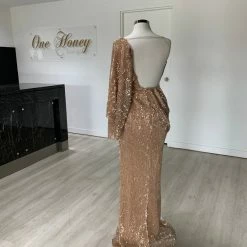 Honey Couture SHAKIRA Rose Gold One Sleeve Sequin Formal Dress NEW ARRIVALS