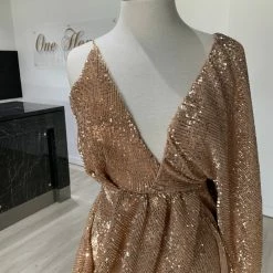 Honey Couture SHAKIRA Rose Gold One Sleeve Sequin Formal Dress NEW ARRIVALS