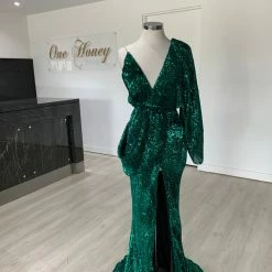 Honey Couture SHAKIRA Emerald Green One Sleeve Sequin Formal Dress NEW ARRIVALS