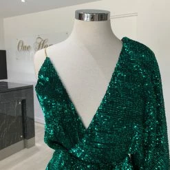 Honey Couture SHAKIRA Emerald Green One Sleeve Sequin Formal Dress NEW ARRIVALS