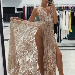 Honey Couture AZALIA Gold Split Front Sequin Formal Dress NEW ARRIVALS