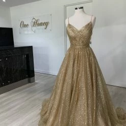 Honey Couture Made To Your Measurements NEW ARRIVALS Honey Couture AVA Gold Glitter Sparkle Ball Gown Formal Dress