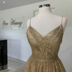Honey Couture Made To Your Measurements NEW ARRIVALS Honey Couture AVA Gold Glitter Sparkle Ball Gown Formal Dress