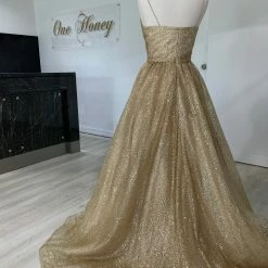 Honey Couture Made To Your Measurements NEW ARRIVALS Honey Couture AVA Gold Glitter Sparkle Ball Gown Formal Dress