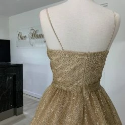 Honey Couture Made To Your Measurements NEW ARRIVALS Honey Couture AVA Gold Glitter Sparkle Ball Gown Formal Dress