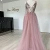Honey Couture MELANIE Blush Pink Silver Crystals & Tulle Formal Gown