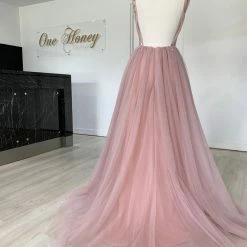 Honey Couture MELANIE Blush Pink Silver Crystals & Tulle Formal Gown