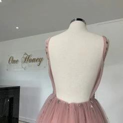 Honey Couture MELANIE Blush Pink Silver Crystals & Tulle Formal Gown