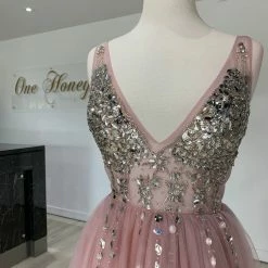 Honey Couture MELANIE Blush Pink Silver Crystals & Tulle Formal Gown