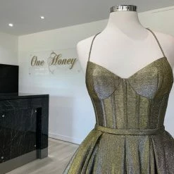 Honey Couture Made To Your Measurements Honey Couture AURORA Metallic Fabric Thin Strap Bustier W Full Skirt Formal Gown NEW ARRIVALS