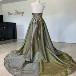 Honey Couture Made To Your Measurements Honey Couture AURORA Metallic Fabric Thin Strap Bustier W Full Skirt Formal Gown NEW ARRIVALS