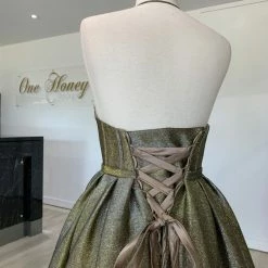 Honey Couture Made To Your Measurements Honey Couture AURORA Metallic Fabric Thin Strap Bustier W Full Skirt Formal Gown NEW ARRIVALS