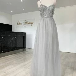 Honey Couture AINSLEY Grey Silver Crystal Beaded Tulle Formal Gown NEW ARRIVALS