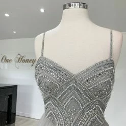 Honey Couture AINSLEY Grey Silver Crystal Beaded Tulle Formal Gown NEW ARRIVALS