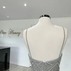 Honey Couture AINSLEY Grey Silver Crystal Beaded Tulle Formal Gown NEW ARRIVALS