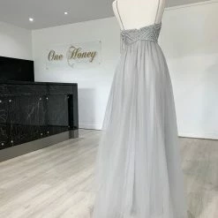 Honey Couture AINSLEY Grey Silver Crystal Beaded Tulle Formal Gown NEW ARRIVALS