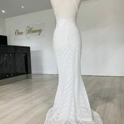 Honey Couture HEIDY White Sequin Mermaid Formal Dress