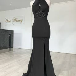 Honey Couture VALERIA Black Beaded Halter Formal Gown NEW ARRIVALS