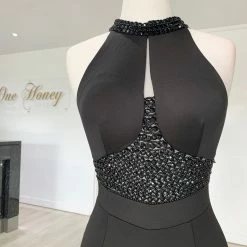 Honey Couture VALERIA Black Beaded Halter Formal Gown NEW ARRIVALS