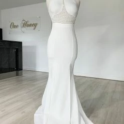 Honey Couture VALERIA White Beaded Halter Formal Gown