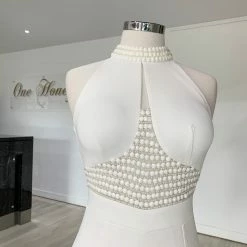 Honey Couture VALERIA White Beaded Halter Formal Gown