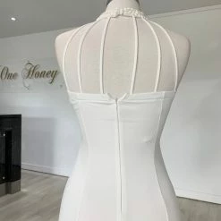 Honey Couture VALERIA White Beaded Halter Formal Gown