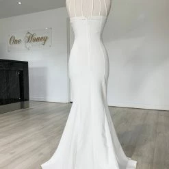 Honey Couture VALERIA White Beaded Halter Formal Gown