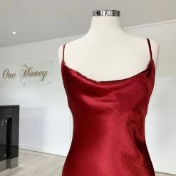 NEW ARRIVALS Honey Couture EVELYN Burgundy Silky Slip Formal Dress