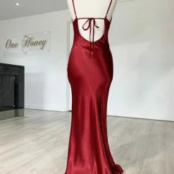 NEW ARRIVALS Honey Couture EVELYN Burgundy Silky Slip Formal Dress