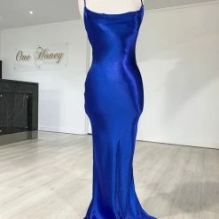 NEW ARRIVALS Honey Couture EVELYN Blue Silky Slip Formal Dress