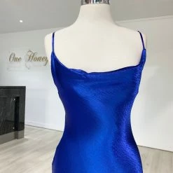 NEW ARRIVALS Honey Couture EVELYN Blue Silky Slip Formal Dress