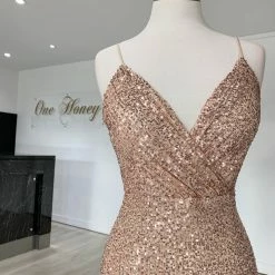 Honey Couture PEYTON Gold Sequin Formal Dress