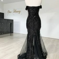 Honey Couture KIMBERLEY Black Sequin Off Shoulder Formal Dress NEW ARRIVALS