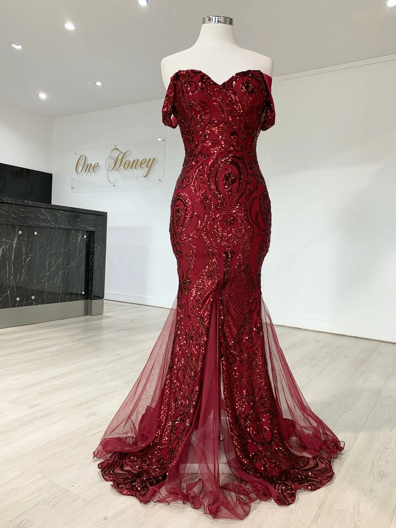 NEW ARRIVALS Honey Couture KIMBERLEY Burgundy Sequin Off Shoulder Formal Dress 9 NEW ARRIVALS Honey Couture KIMBERLEY Burgundy Sequin Off Shoulder Formal Dress