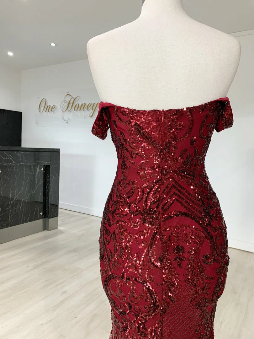 NEW ARRIVALS Honey Couture KIMBERLEY Burgundy Sequin Off Shoulder Formal Dress 12 NEW ARRIVALS Honey Couture KIMBERLEY Burgundy Sequin Off Shoulder Formal Dress