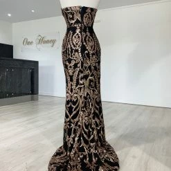 Honey Couture LA ROSA Rose Gold Strapless Sequin Evening Gown Dress NEW ARRIVALS
