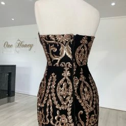 Honey Couture LA ROSA Rose Gold Strapless Sequin Evening Gown Dress NEW ARRIVALS