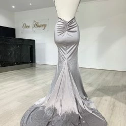 Honey Couture MILEE Silver Grey Low Back Mermaid Evening Gown Dress NEW ARRIVALS