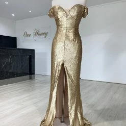 Honey Couture CONTESSA Gold Sequin Off Shoulder Mermaid Formal Dress NEW ARRIVALS