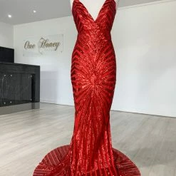 Honey Couture TILDA Red Low Back Sequin Formal Gown Dress