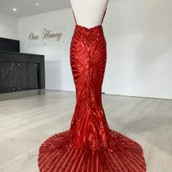 Honey Couture TILDA Red Low Back Sequin Formal Gown Dress