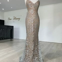 Honey Couture GRETA Silver/Nude Lace & Glitter Overlay Mermaid Formal Gown Dress NEW ARRIVALS