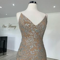 Honey Couture GRETA Silver/Nude Lace & Glitter Overlay Mermaid Formal Gown Dress NEW ARRIVALS