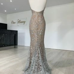 Honey Couture GRETA Silver/Nude Lace & Glitter Overlay Mermaid Formal Gown Dress NEW ARRIVALS