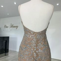 Honey Couture GRETA Silver/Nude Lace & Glitter Overlay Mermaid Formal Gown Dress NEW ARRIVALS