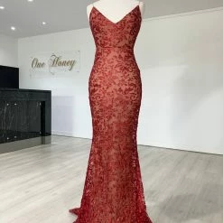 NEW ARRIVALS Honey Couture GRETA Red Lace & Glitter Overlay Mermaid Formal Gown Dress