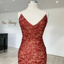 NEW ARRIVALS Honey Couture GRETA Red Lace & Glitter Overlay Mermaid Formal Gown Dress