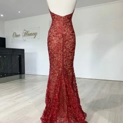 NEW ARRIVALS Honey Couture GRETA Red Lace & Glitter Overlay Mermaid Formal Gown Dress