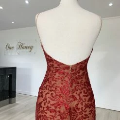 NEW ARRIVALS Honey Couture GRETA Red Lace & Glitter Overlay Mermaid Formal Gown Dress