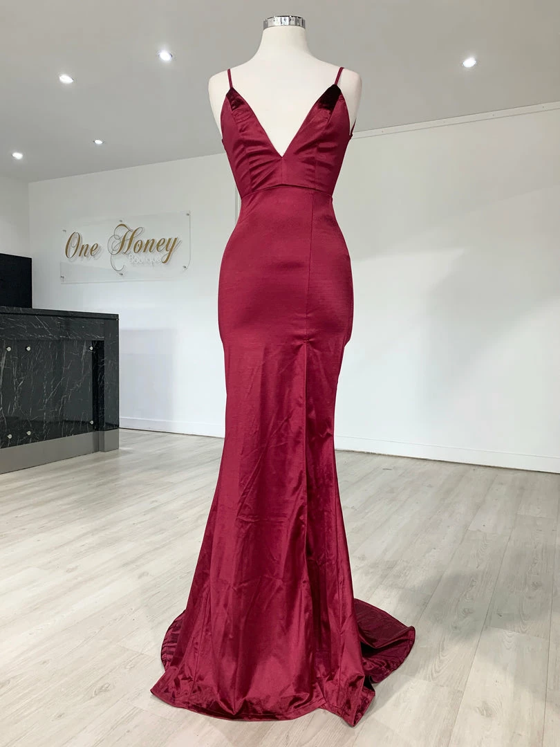 Honey Couture MILEE Berry Low Back Mermaid Evening Gown Dress W Leg Split NEW ARRIVALS 8 Honey Couture MILEE Berry Low Back Mermaid Evening Gown Dress W Leg Split NEW ARRIVALS